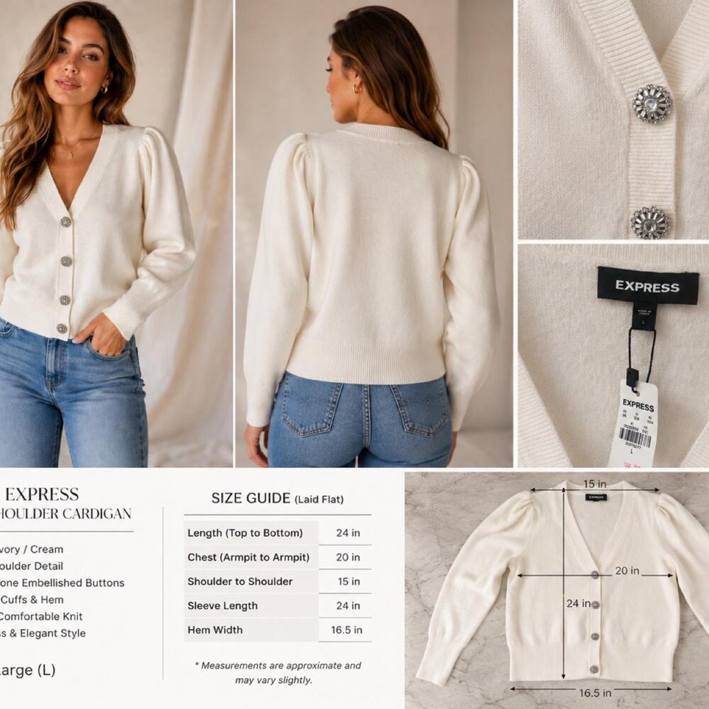 NWT Express Ivory Puff Sleeve Cardigan – Size Large